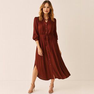 Chico’s NEW Peasant Boho Button Up Flowy Midi Dress Rich Mahogany Brown Size 10